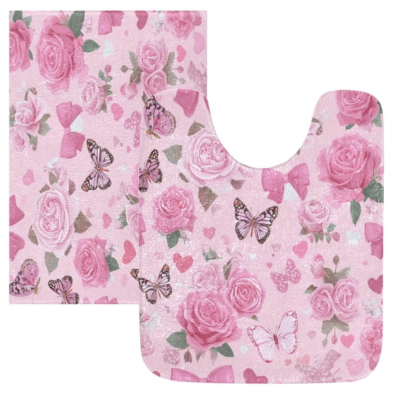 2 Piece Bath Mat Set with U-Shaped Toilet Mat and Rectangle Bath Rugs Non Slip Machine Washable Bathroom Mats Pink Roses and Butterflies