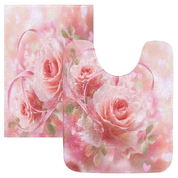 2 Piece Bath Mat Set with U-Shaped Toilet Mat and Rectangle Bath Rugs Non Slip Machine Washable Bathroom Mats Pink Roses and Ribbons