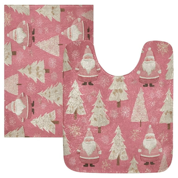 2 Piece Bath Mat Set with U-Shaped Toilet Mat and Rectangle Bath Rugs Non Slip Machine Washable Bathroom Mats Pink Santa Claus Pattern