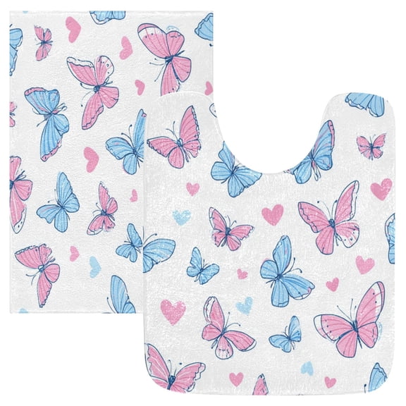 2 Piece Bath Mat Set with U-Shaped Toilet Mat and Rectangle Bath Rugs Non Slip Machine Washable Bathroom Mats Pink and Blue Butterflies