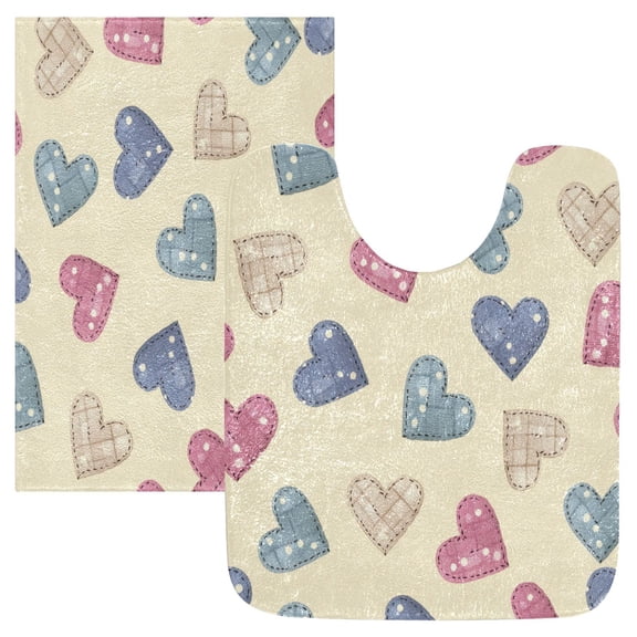 2 Piece Bath Mat Set with U-Shaped Toilet Mat and Rectangle Bath Rugs Non Slip Machine Washable Bathroom Mats Pink and Blue Heart Pattern