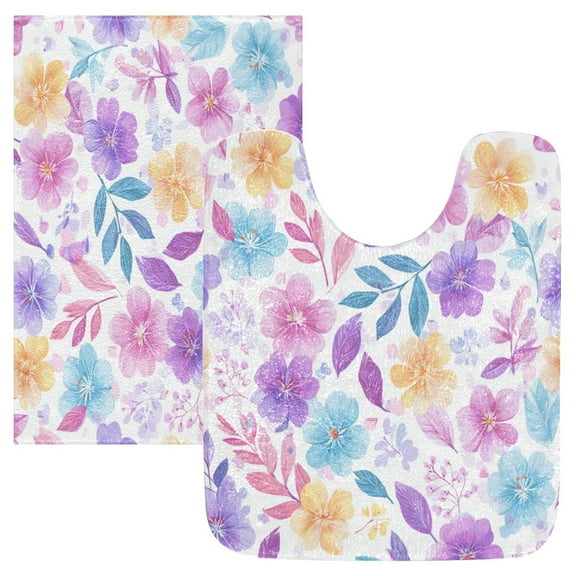 2 Piece Bath Mat Set with U-Shaped Toilet Mat and Rectangle Bath Rugs Non Slip Machine Washable Bathroom Mats Pink and Purple Flowers