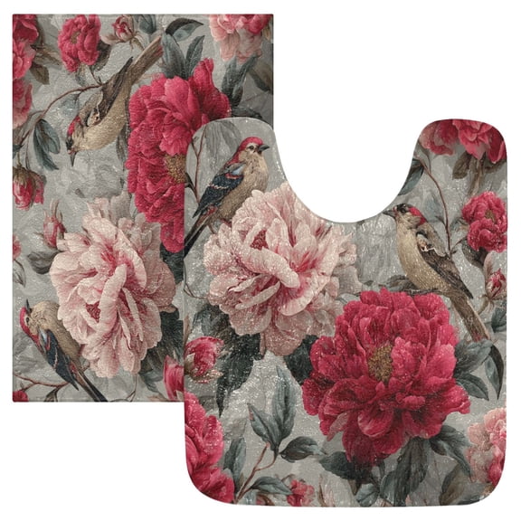 2 Piece Bath Mat Set with U-Shaped Toilet Mat and Rectangle Bath Rugs Non Slip Machine Washable Bathroom Mats Pink and Red Peonies