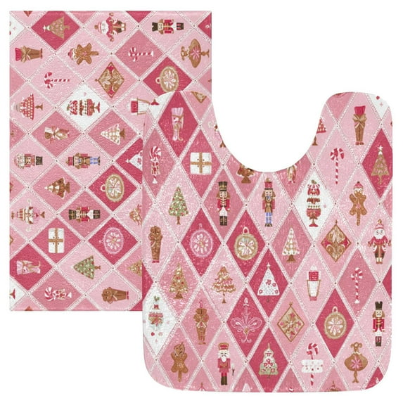 2 Piece Bath Mat Set with U-Shaped Toilet Mat and Rectangle Bath Rugs Non Slip Machine Washable Bathroom Mats Pink and White Christmas Motifs
