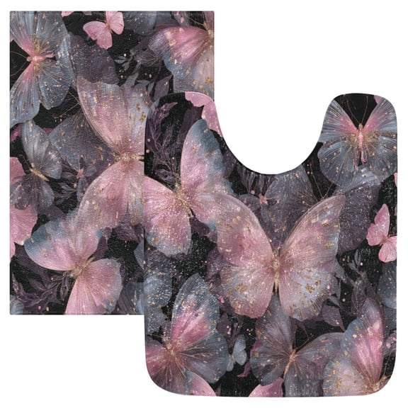 2 Piece Bath Mat Set with U-Shaped Toilet Mat and Rectangle Bath Rugs Non Slip Machine Washable Bathroom Mats Pink with Gold Butterfly