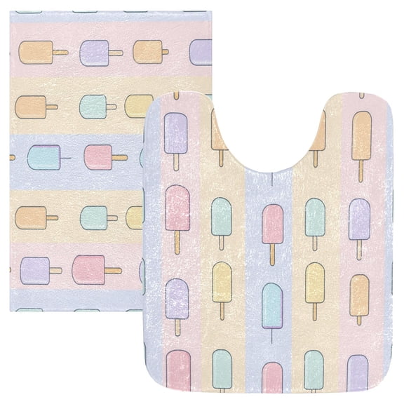 2 Piece Bath Mat Set with U-Shaped Toilet Mat and Rectangle Bath Rugs Non Slip Machine Washable Bathroom Mats Popsicle Pattern
