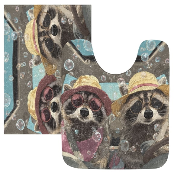 2 Piece Bath Mat Set with U-Shaped Toilet Mat and Rectangle Bath Rugs Non Slip Machine Washable Bathroom Mats Raccoons Wearing Sun Hats