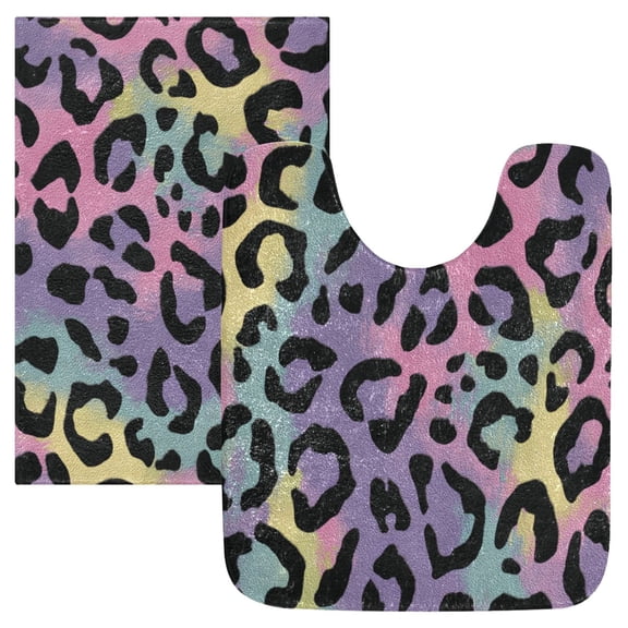 2 Piece Bath Mat Set with U-Shaped Toilet Mat and Rectangle Bath Rugs Non Slip Machine Washable Bathroom Mats Rainbow Colors Leopard Print
