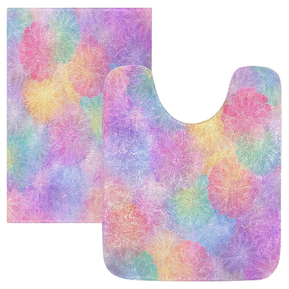 2 Piece Bath Mat Set with U-Shaped Toilet Mat and Rectangle Bath Rugs Non Slip Machine Washable Bathroom Mats Rainbow Flower Pattern