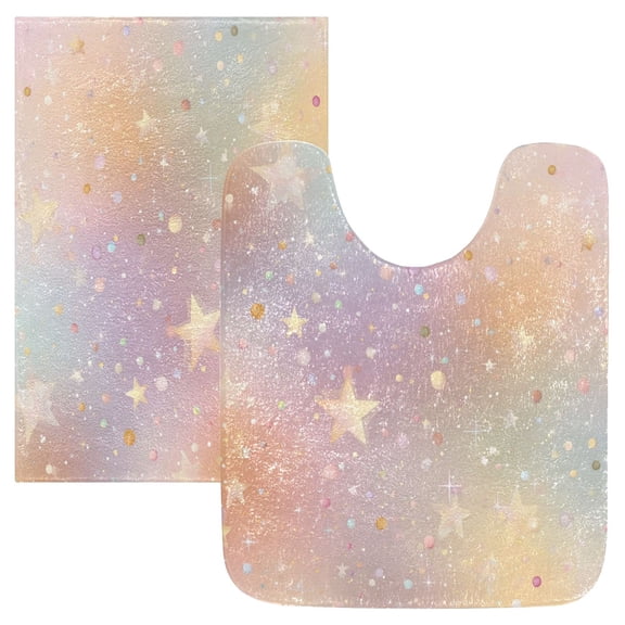 2 Piece Bath Mat Set with U-Shaped Toilet Mat and Rectangle Bath Rugs Non Slip Machine Washable Bathroom Mats Rainbow-colored Stars and Dots
