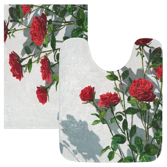 2 Piece Bath Mat Set with U-Shaped Toilet Mat and Rectangle Bath Rugs Non Slip Machine Washable Bathroom Mats Red Roses on The Wall