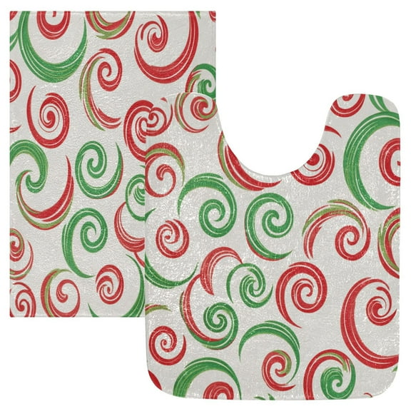 2 Piece Bath Mat Set with U-Shaped Toilet Mat and Rectangle Bath Rugs Non Slip Machine Washable Bathroom Mats Red and Green Swirls