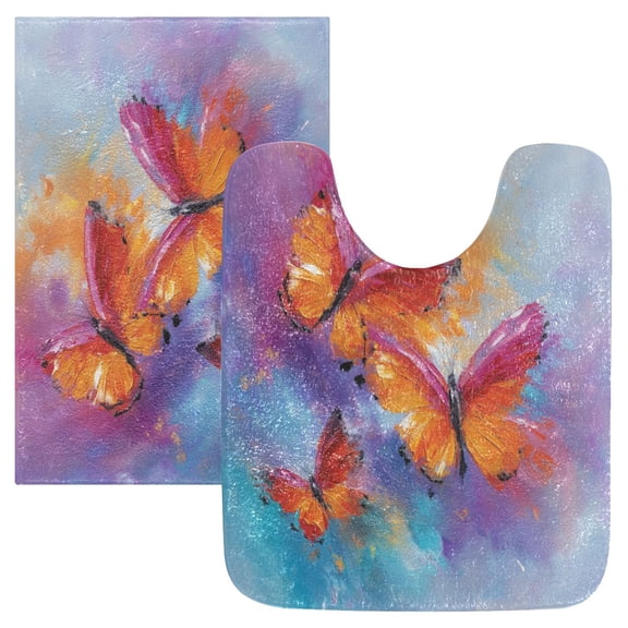 2 Piece Bath Mat Set with U-Shaped Toilet Mat and Rectangle Bath Rugs Non Slip Machine Washable Bathroom Mats Red and Orange Butterflies