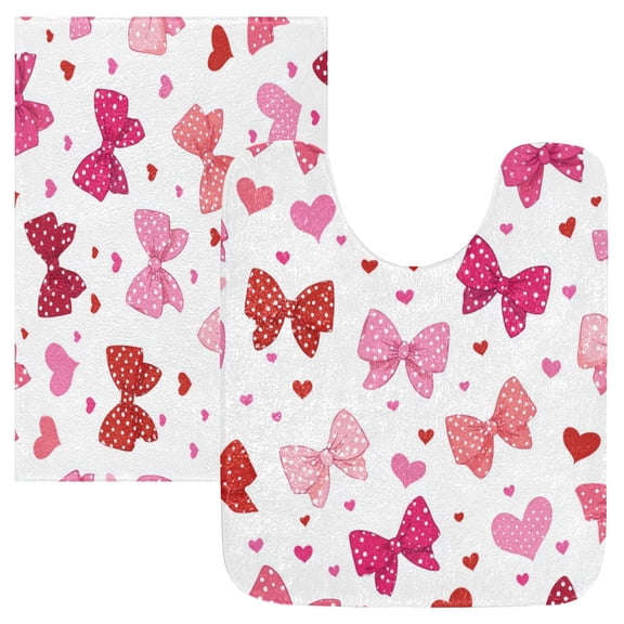 2 Piece Bath Mat Set with U-Shaped Toilet Mat and Rectangle Bath Rugs Non Slip Machine Washable Bathroom Mats Red and Pink Bows