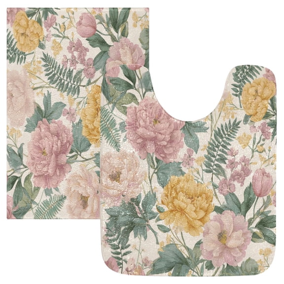 2 Piece Bath Mat Set with U-Shaped Toilet Mat and Rectangle Bath Rugs Non Slip Machine Washable Bathroom Mats Retro Plant Pattern