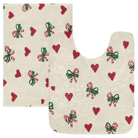 2 Piece Bath Mat Set with U-Shaped Toilet Mat and Rectangle Bath Rugs Non Slip Machine Washable Bathroom Mats Ribbons and Hearts Pattern