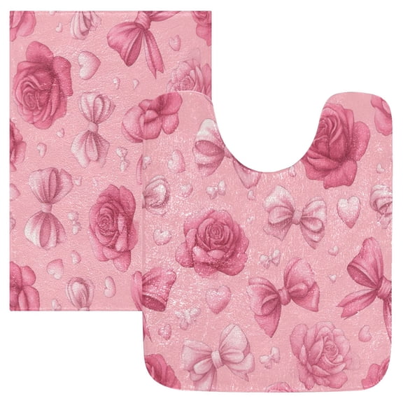 2 Piece Bath Mat Set with U-Shaped Toilet Mat and Rectangle Bath Rugs Non Slip Machine Washable Bathroom Mats Roses and Bows Pattern