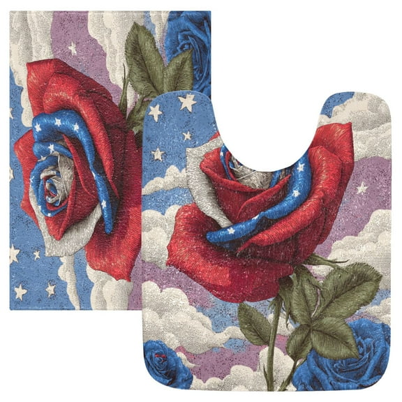 2 Piece Bath Mat Set with U-Shaped Toilet Mat and Rectangle Bath Rugs Non Slip Machine Washable Bathroom Mats Roses and Clouds