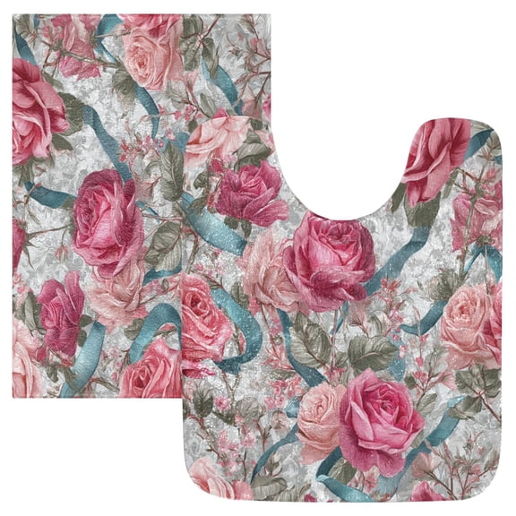 2 Piece Bath Mat Set with U-Shaped Toilet Mat and Rectangle Bath Rugs Non Slip Machine Washable Bathroom Mats Roses and Ribbons