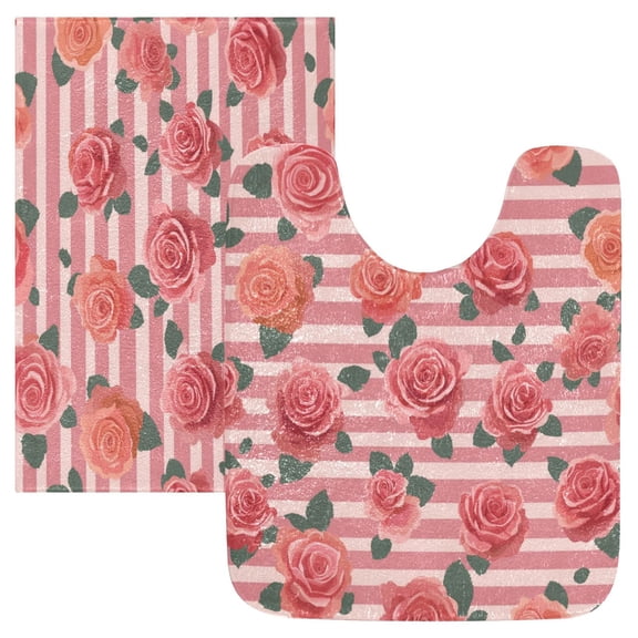 2 Piece Bath Mat Set with U-Shaped Toilet Mat and Rectangle Bath Rugs Non Slip Machine Washable Bathroom Mats Roses and Stripes Pattern