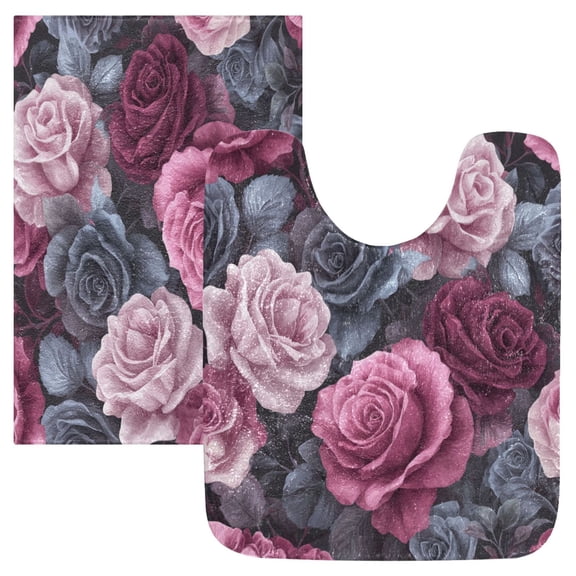 2 Piece Bath Mat Set with U-Shaped Toilet Mat and Rectangle Bath Rugs Non Slip Machine Washable Bathroom Mats Roses in Pink and Gray Tones