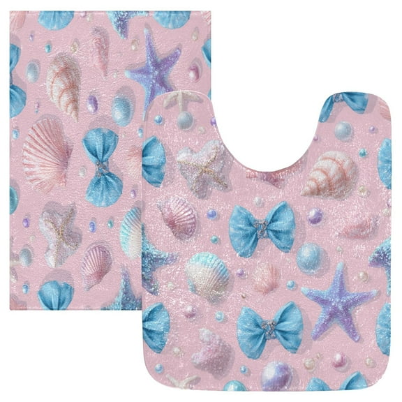 2 Piece Bath Mat Set with U-Shaped Toilet Mat and Rectangle Bath Rugs Non Slip Machine Washable Bathroom Mats Seashells and Bows