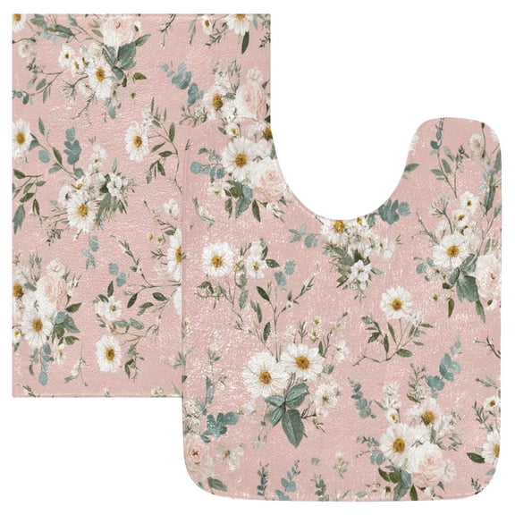 2 Piece Bath Mat Set with U-Shaped Toilet Mat and Rectangle Bath Rugs Non Slip Machine Washable Bathroom Mats Small White and Pink Flowers