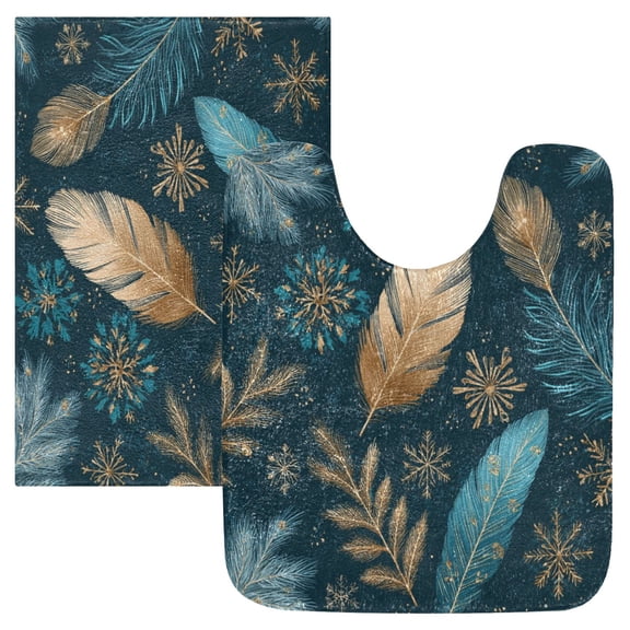 2 Piece Bath Mat Set with U-Shaped Toilet Mat and Rectangle Bath Rugs Non Slip Machine Washable Bathroom Mats Snowflake and Feather Pattern