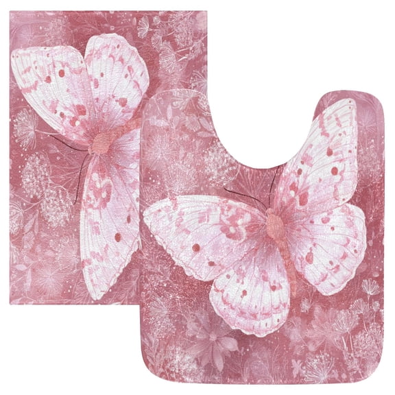 2 Piece Bath Mat Set with U-Shaped Toilet Mat and Rectangle Bath Rugs Non Slip Machine Washable Bathroom Mats Soft Pink Butterfly