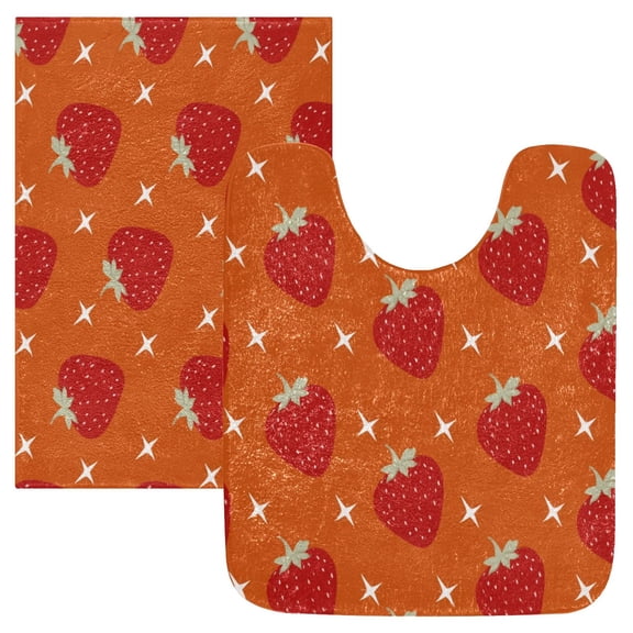 2 Piece Bath Mat Set with U-Shaped Toilet Mat and Rectangle Bath Rugs Non Slip Machine Washable Bathroom Mats Strawberry and White Stars Pattern