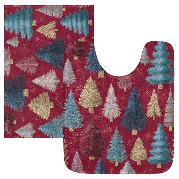 2 Piece Bath Mat Set with U-Shaped Toilet Mat and Rectangle Bath Rugs Non Slip Machine Washable Bathroom Mats Stylized Christmas Trees