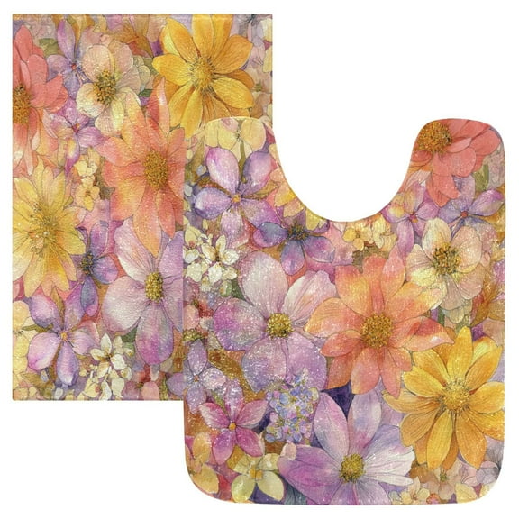 2 Piece Bath Mat Set with U-Shaped Toilet Mat and Rectangle Bath Rugs Non Slip Machine Washable Bathroom Mats Summer Blossoms