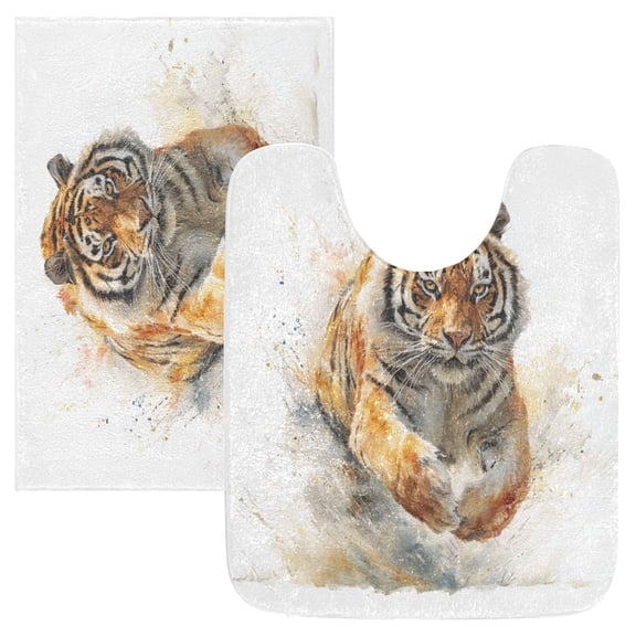2 Piece Bath Mat Set with U-Shaped Toilet Mat and Rectangle Bath Rugs Non Slip Machine Washable Bathroom Mats Tiger in Action