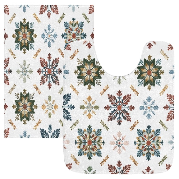 2 Piece Bath Mat Set with U-Shaped Toilet Mat and Rectangle Bath Rugs Non Slip Machine Washable Bathroom Mats Traditional Snowflakes Motifs