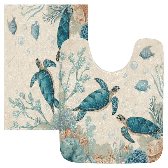 2 Piece Bath Mat Set with U-Shaped Toilet Mat and Rectangle Bath Rugs Non Slip Machine Washable Bathroom Mats Underwater Scene Featuring