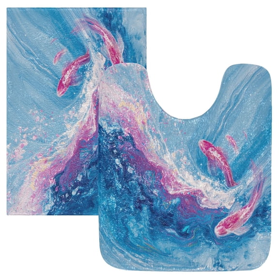 2 Piece Bath Mat Set with U-Shaped Toilet Mat and Rectangle Bath Rugs Non Slip Machine Washable Bathroom Mats Vibrant Colors Fish