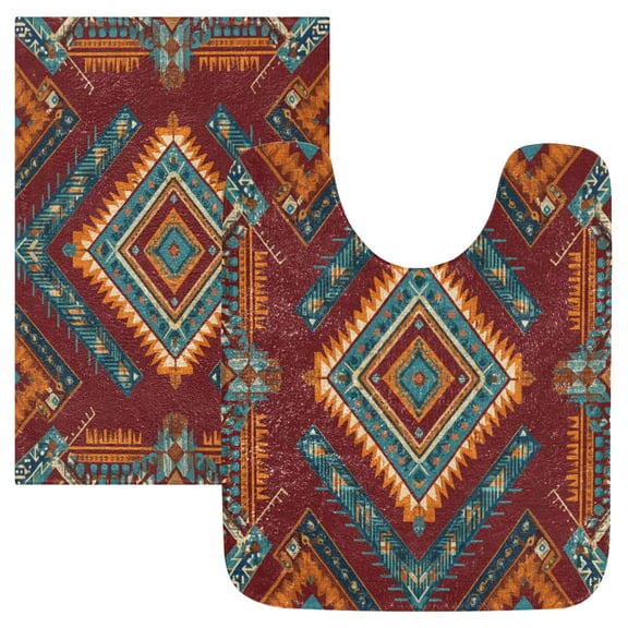2 Piece Bath Mat Set with U-Shaped Toilet Mat and Rectangle Bath Rugs Non Slip Machine Washable Bathroom Mats Vibrant Tribal Pattern