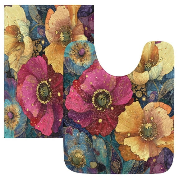2 Piece Bath Mat Set with U-Shaped Toilet Mat and Rectangle Bath Rugs Non Slip Machine Washable Bathroom Mats Vibrant and Intricate Flowers