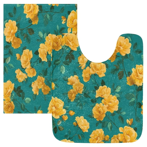 2 Piece Bath Mat Set with U-Shaped Toilet Mat and Rectangle Bath Rugs Non Slip Machine Washable Bathroom Mats Vintage Yellow Rose Pattern