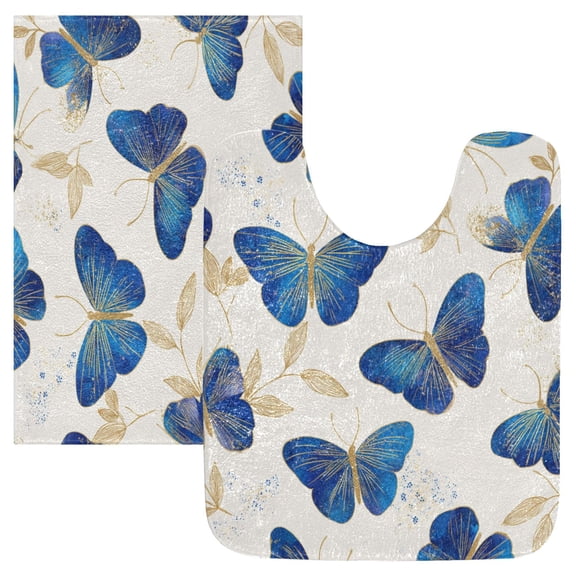 2 Piece Bath Mat Set with U-Shaped Toilet Mat and Rectangle Bath Rugs Non Slip Machine Washable Bathroom Mats Watercolor Blue Butterfly