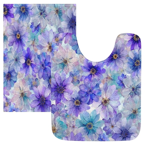 2 Piece Bath Mat Set with U-Shaped Toilet Mat and Rectangle Bath Rugs Non Slip Machine Washable Bathroom Mats Watercolor Blue-purple Flowers