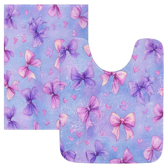2 Piece Bath Mat Set with U-Shaped Toilet Mat and Rectangle Bath Rugs Non Slip Machine Washable Bathroom Mats Watercolor Bows Pattern