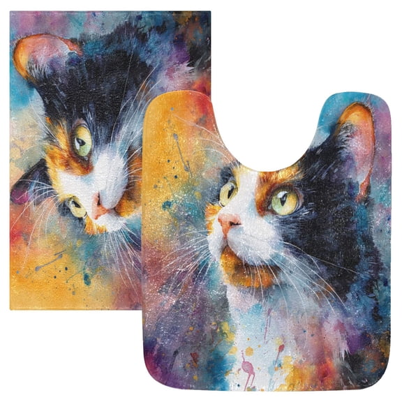 2 Piece Bath Mat Set with U-Shaped Toilet Mat and Rectangle Bath Rugs Non Slip Machine Washable Bathroom Mats Watercolor Calico Cat