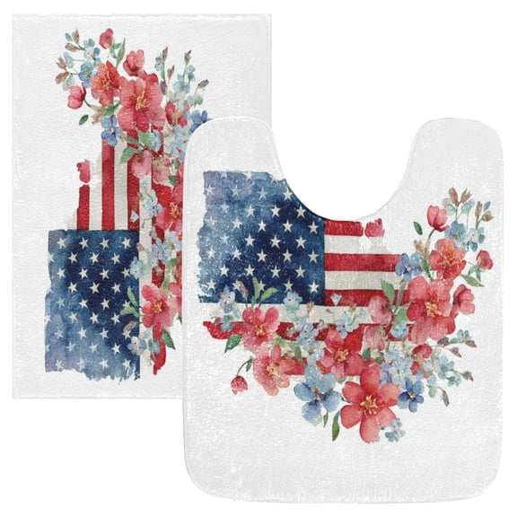 2 Piece Bath Mat Set with U-Shaped Toilet Mat and Rectangle Bath Rugs Non Slip Machine Washable Bathroom Mats Watercolor Flag with Flowers