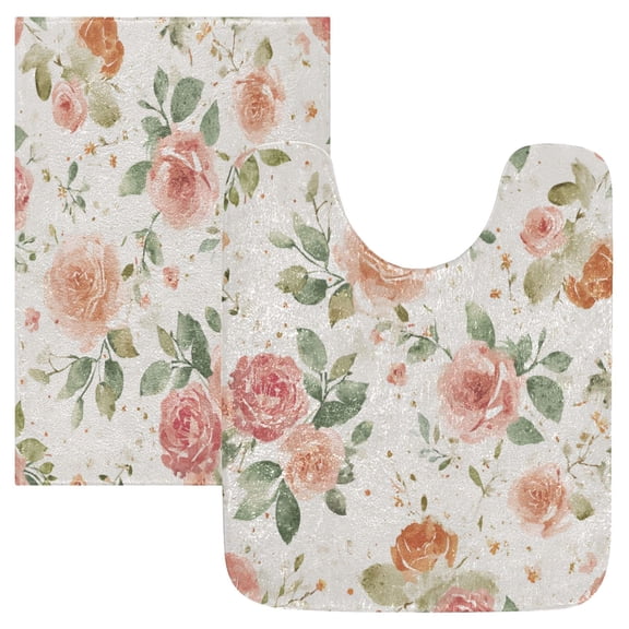 2 Piece Bath Mat Set with U-Shaped Toilet Mat and Rectangle Bath Rugs Non Slip Machine Washable Bathroom Mats Watercolor Rose Floral Pattern