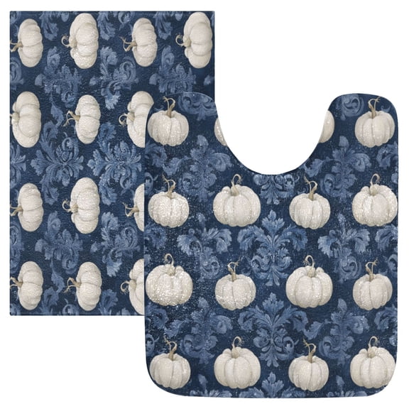 2 Piece Bath Mat Set with U-Shaped Toilet Mat and Rectangle Bath Rugs Non Slip Machine Washable Bathroom Mats Watercolor White Pumpkins