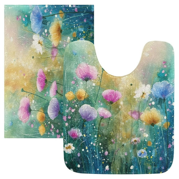 2 Piece Bath Mat Set with U-Shaped Toilet Mat and Rectangle Bath Rugs Non Slip Machine Washable Bathroom Mats Watercolor Wildflowers