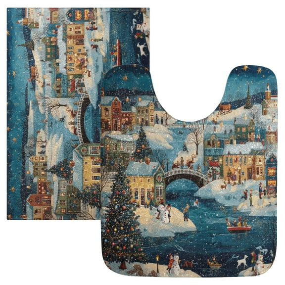 2 Piece Bath Mat Set with U-Shaped Toilet Mat and Rectangle Bath Rugs Non Slip Machine Washable Bathroom Mats Whimsical Christmas Scene