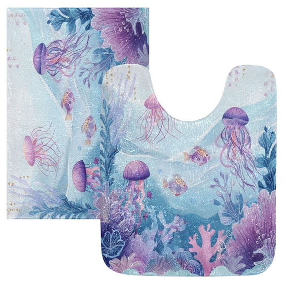 2 Piece Bath Mat Set with U-Shaped Toilet Mat and Rectangle Bath Rugs Non Slip Machine Washable Bathroom Mats Whimsical Underwater Scene