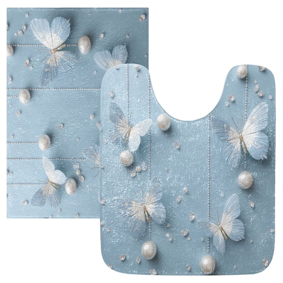 2 Piece Bath Mat Set with U-Shaped Toilet Mat and Rectangle Bath Rugs Non Slip Machine Washable Bathroom Mats White Butterflies Pattern